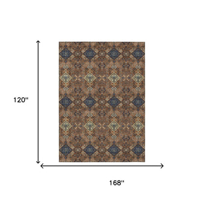 10' X 14' Orange And Navy Blue Geometric Washable Indoor Outdoor Area Rug HomeRoots