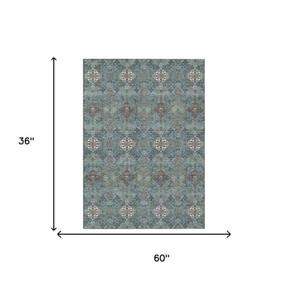 3' X 5' Teal Blue And Ivory Geometric Washable Indoor Outdoor Area Rug HomeRoots