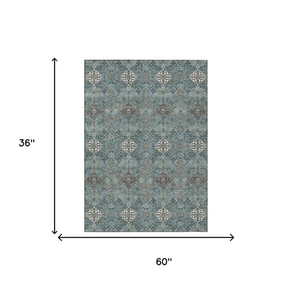 3' X 5' Teal Blue And Ivory Geometric Washable Indoor Outdoor Area Rug HomeRoots