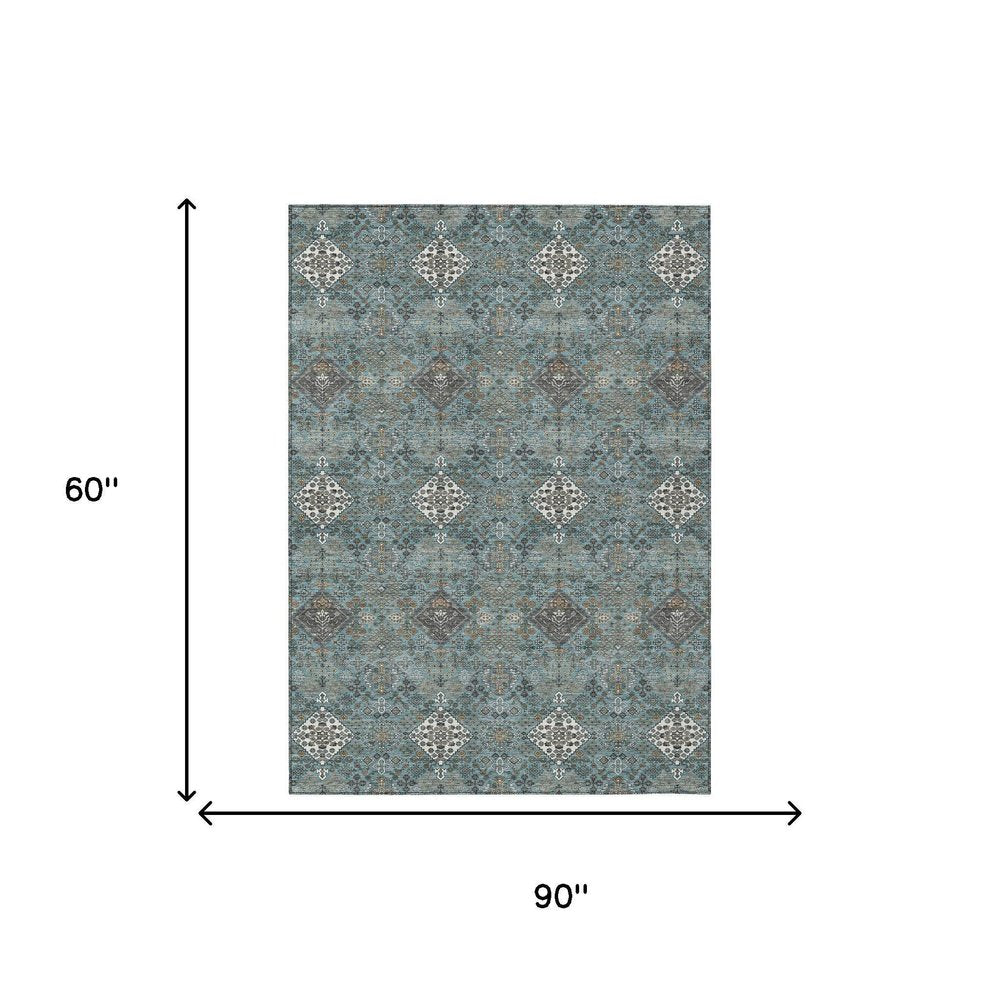 5' X 8' Teal Blue And Ivory Geometric Washable Indoor Outdoor Area Rug HomeRoots