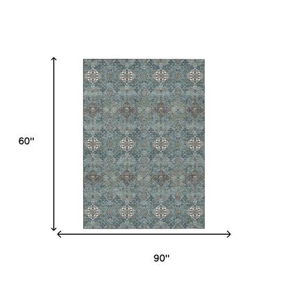 5' X 8' Teal Blue And Ivory Geometric Washable Indoor Outdoor Area Rug HomeRoots