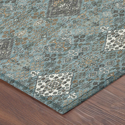 5' X 8' Teal Blue And Ivory Geometric Washable Indoor Outdoor Area Rug HomeRoots