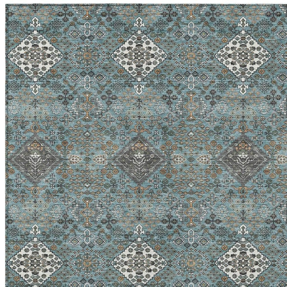 5' X 8' Teal Blue And Ivory Geometric Washable Indoor Outdoor Area Rug HomeRoots