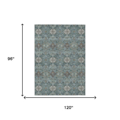 8' X 10' Teal Blue And Ivory Geometric Washable Indoor Outdoor Area Rug HomeRoots