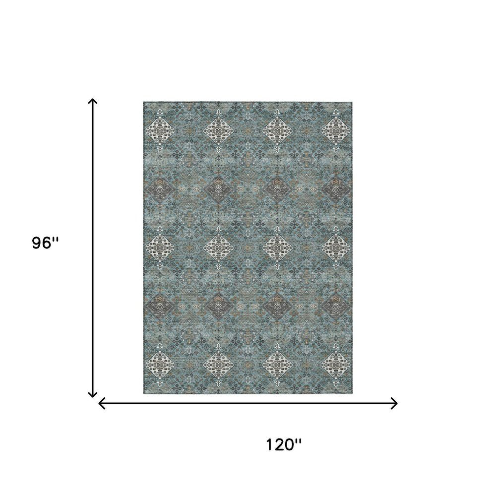 8' X 10' Teal Blue And Ivory Geometric Washable Indoor Outdoor Area Rug HomeRoots