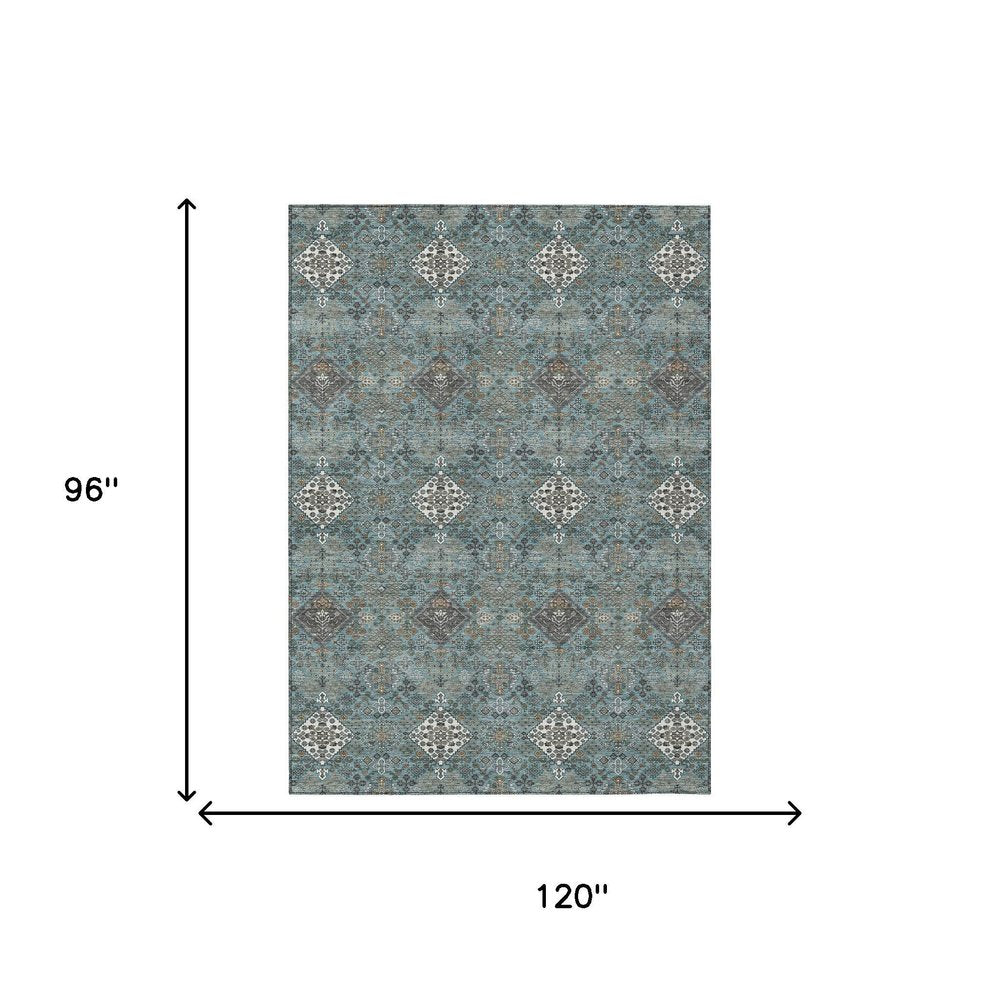 8' X 10' Teal Blue And Ivory Geometric Washable Indoor Outdoor Area Rug HomeRoots