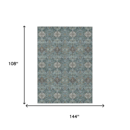 9' X 12' Teal Blue And Ivory Geometric Washable Indoor Outdoor Area Rug HomeRoots