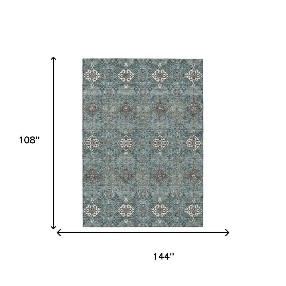 9' X 12' Teal Blue And Ivory Geometric Washable Indoor Outdoor Area Rug HomeRoots