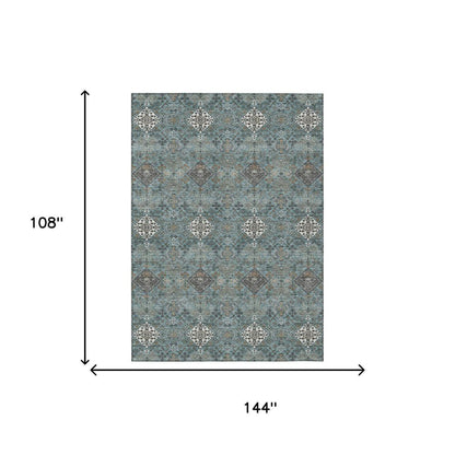 9' X 12' Teal Blue And Ivory Geometric Washable Indoor Outdoor Area Rug HomeRoots