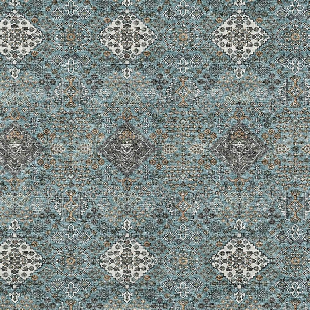 9' X 12' Teal Blue And Ivory Geometric Washable Indoor Outdoor Area Rug HomeRoots