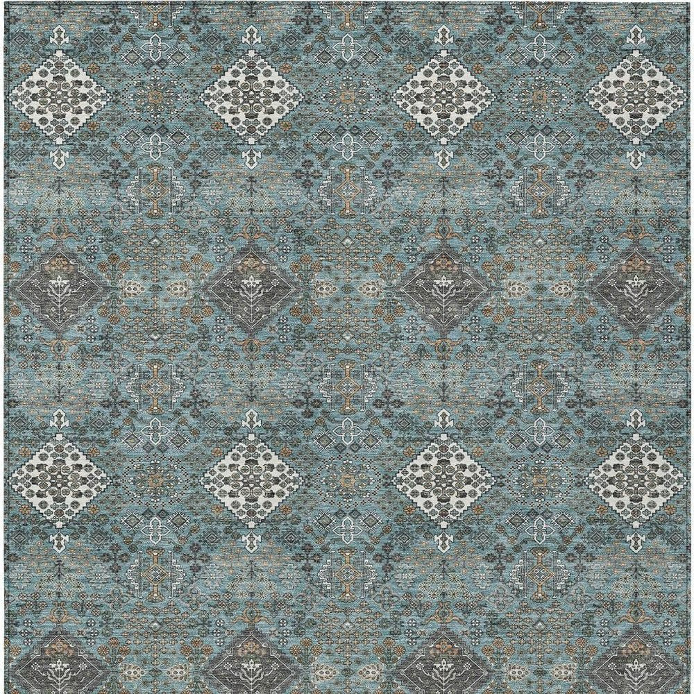 9' X 12' Teal Blue And Ivory Geometric Washable Indoor Outdoor Area Rug HomeRoots