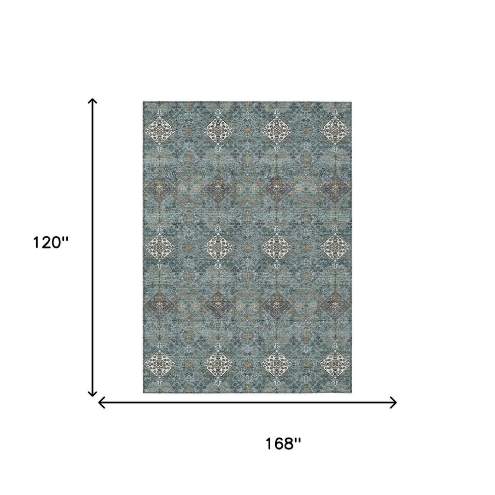 10' X 14' Teal Blue And Ivory Geometric Washable Indoor Outdoor Area Rug HomeRoots