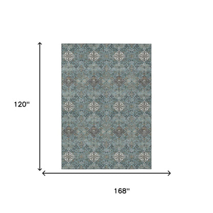 10' X 14' Teal Blue And Ivory Geometric Washable Indoor Outdoor Area Rug HomeRoots