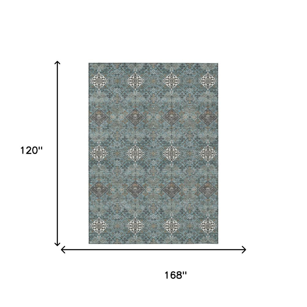 10' X 14' Teal Blue And Ivory Geometric Washable Indoor Outdoor Area Rug HomeRoots