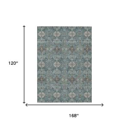 10' X 14' Teal Blue And Ivory Geometric Washable Indoor Outdoor Area Rug HomeRoots