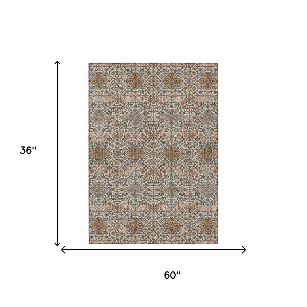 3' X 5' Beige And Copper Geometric Washable Indoor Outdoor Area Rug HomeRoots