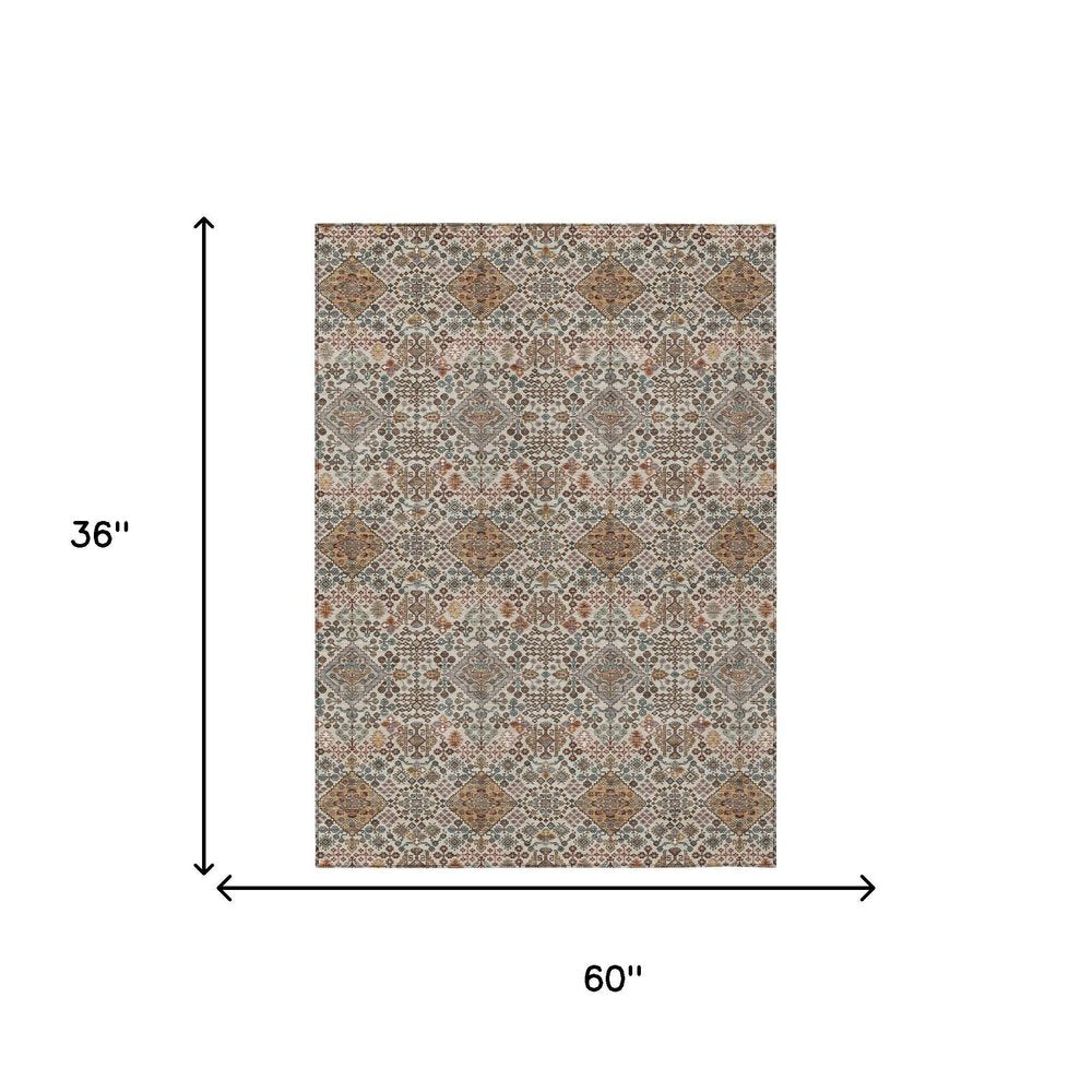 3' X 5' Beige And Copper Geometric Washable Indoor Outdoor Area Rug HomeRoots