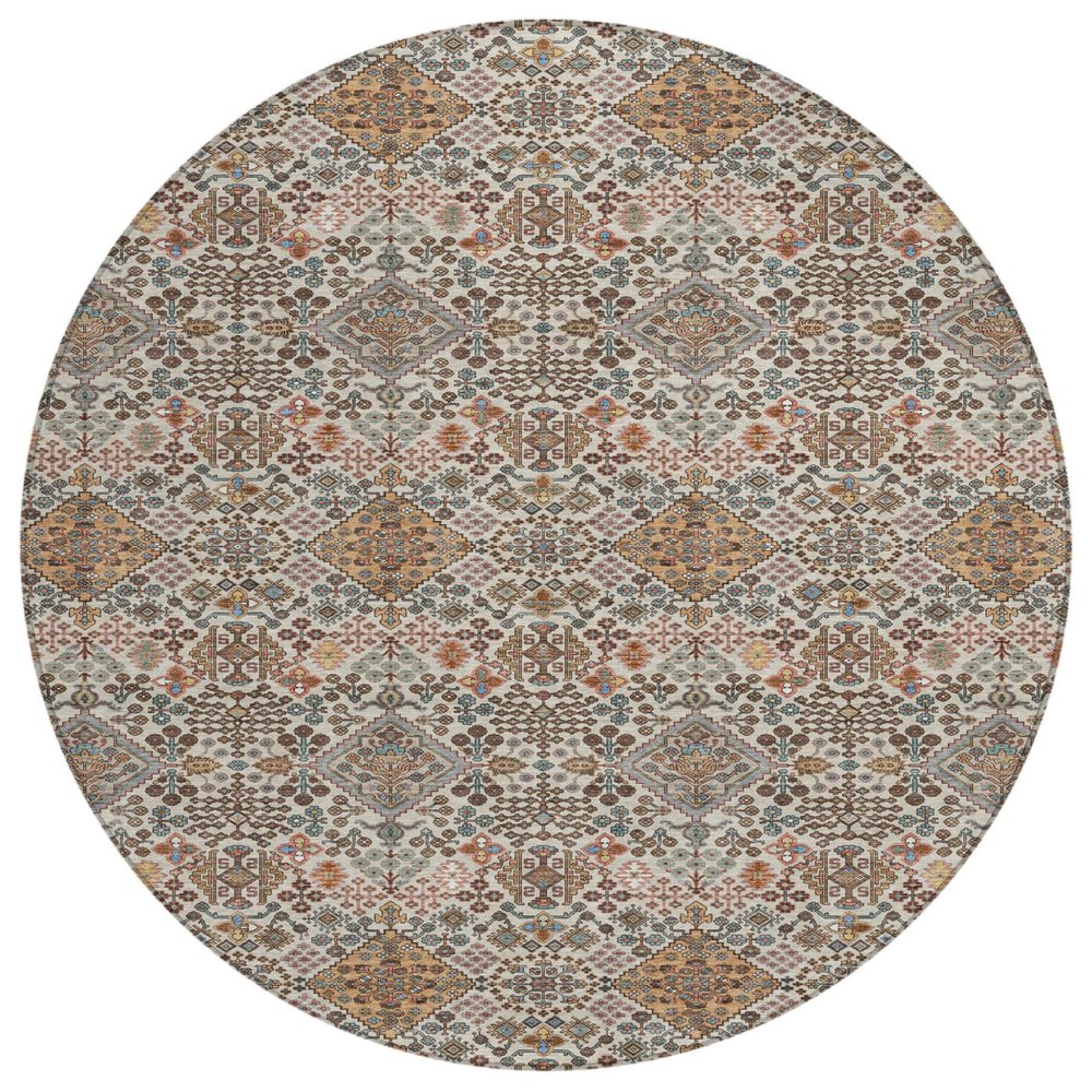8' Beige And Copper Round Geometric Washable Indoor Outdoor Area Rug HomeRoots