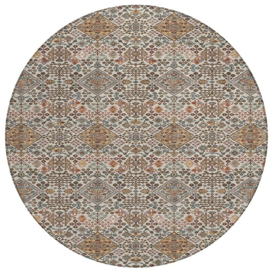 8' Beige And Copper Round Geometric Washable Indoor Outdoor Area Rug HomeRoots