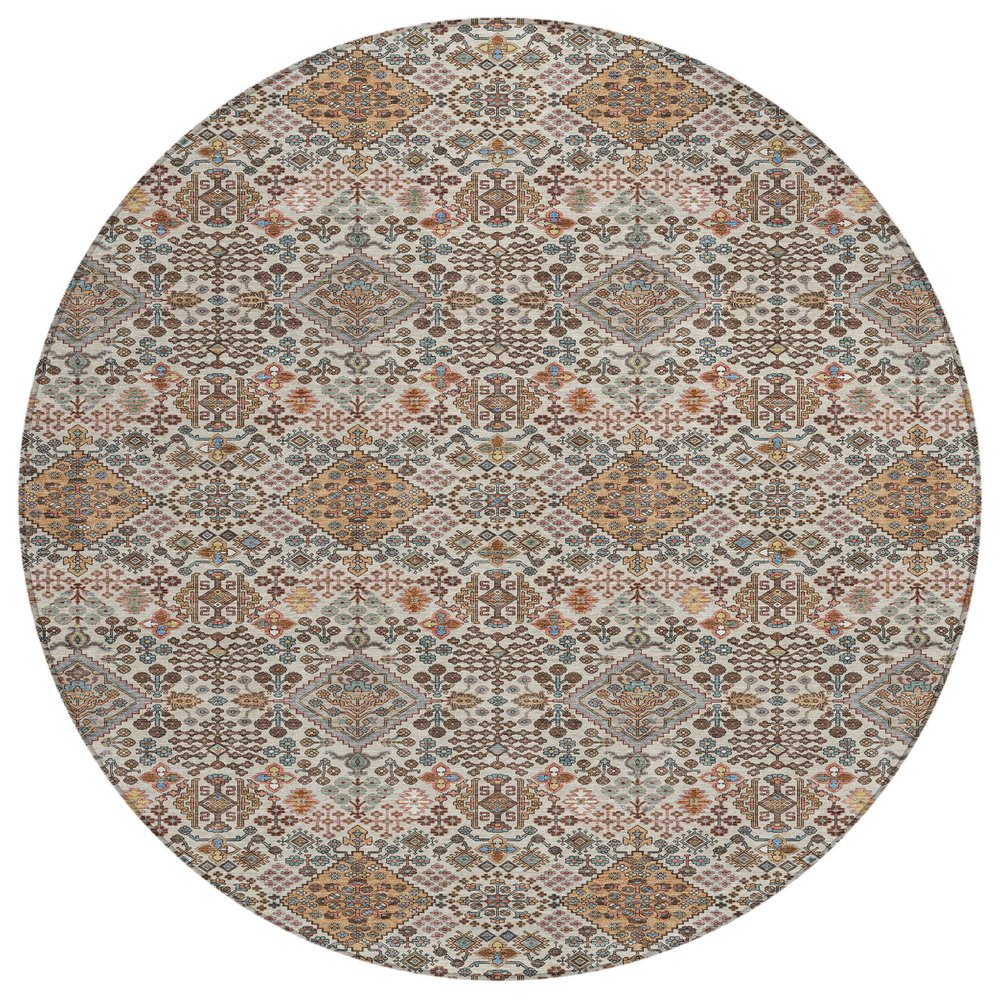 8' Beige And Copper Round Geometric Washable Indoor Outdoor Area Rug HomeRoots
