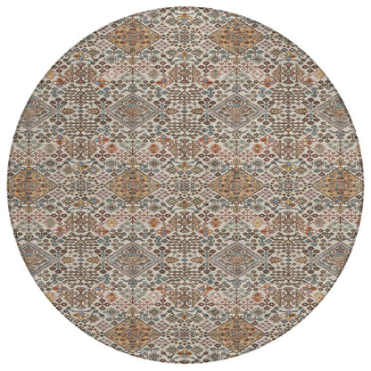 8' Beige And Copper Round Geometric Washable Indoor Outdoor Area Rug HomeRoots