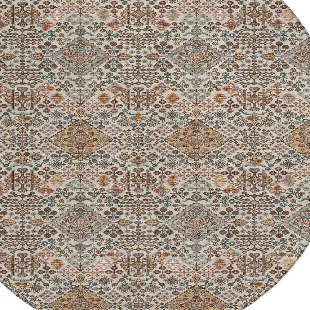 8' Beige And Copper Round Geometric Washable Indoor Outdoor Area Rug HomeRoots