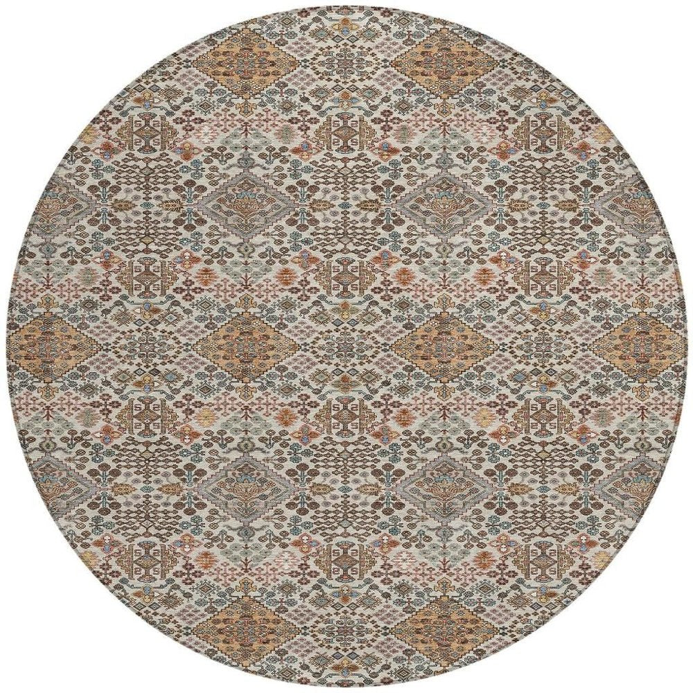 8' Beige And Copper Round Geometric Washable Indoor Outdoor Area Rug HomeRoots