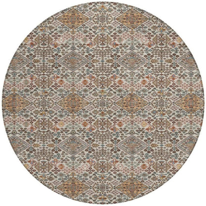 8' Beige And Copper Round Geometric Washable Indoor Outdoor Area Rug HomeRoots