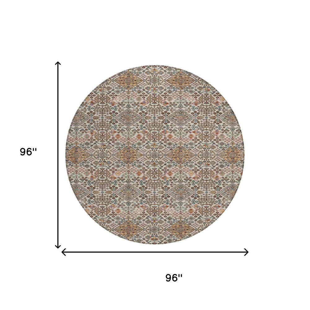 8' Beige And Copper Round Geometric Washable Indoor Outdoor Area Rug HomeRoots