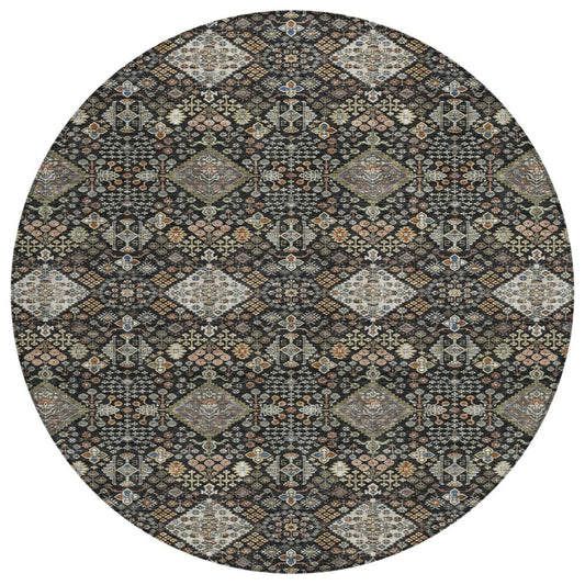 8' Black And Charcoal Round Geometric Washable Indoor Outdoor Area Rug HomeRoots