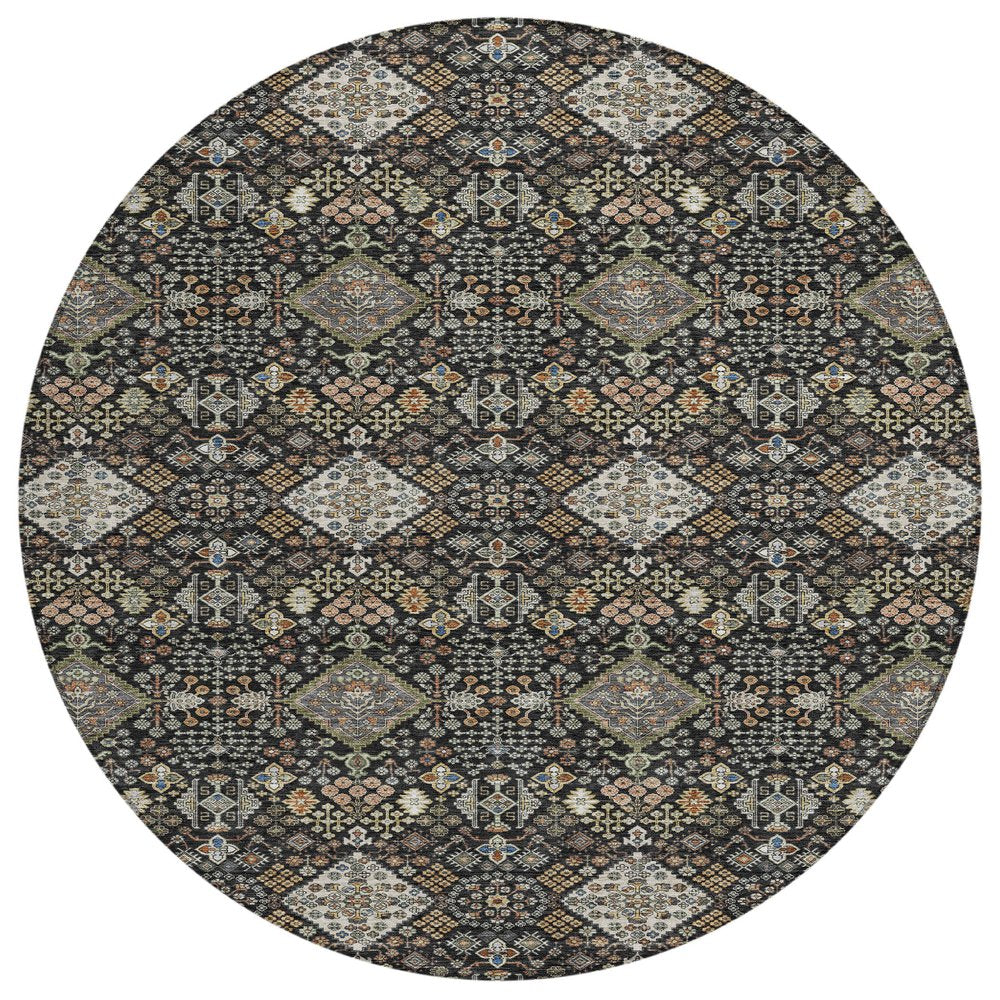 8' Black And Charcoal Round Geometric Washable Indoor Outdoor Area Rug HomeRoots