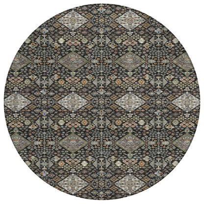 8' Black And Charcoal Round Geometric Washable Indoor Outdoor Area Rug HomeRoots