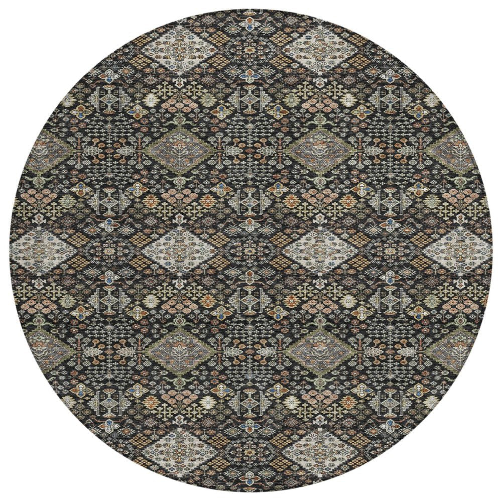 8' Black And Charcoal Round Geometric Washable Indoor Outdoor Area Rug HomeRoots