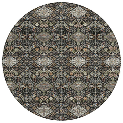 8' Black And Charcoal Round Geometric Washable Indoor Outdoor Area Rug HomeRoots