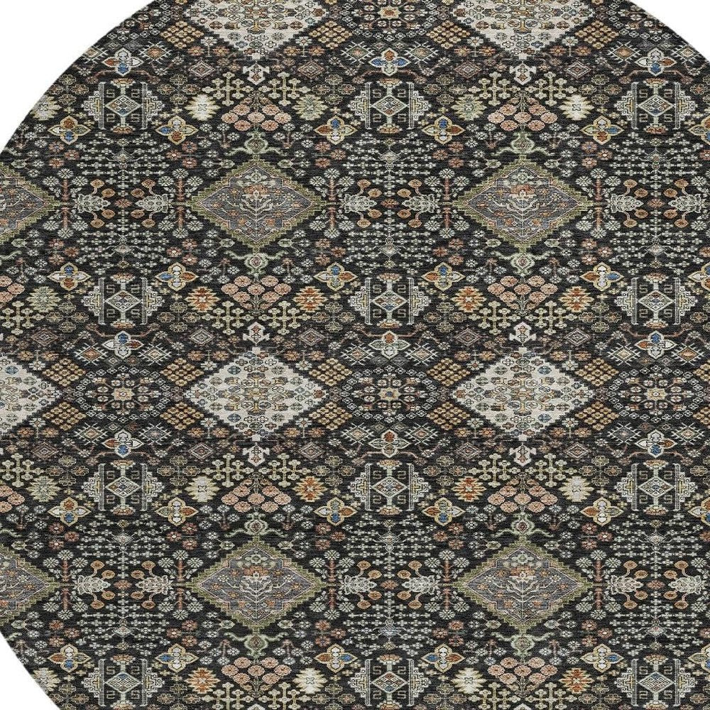 8' Black And Charcoal Round Geometric Washable Indoor Outdoor Area Rug HomeRoots