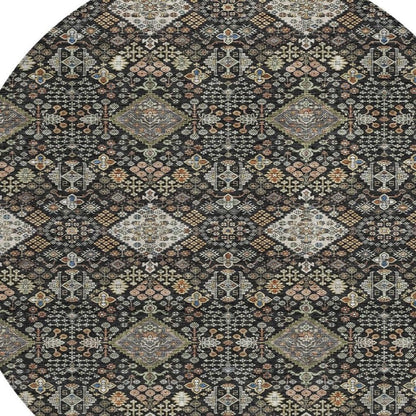 8' Black And Charcoal Round Geometric Washable Indoor Outdoor Area Rug HomeRoots