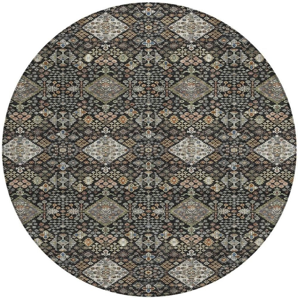 8' Black And Charcoal Round Geometric Washable Indoor Outdoor Area Rug HomeRoots