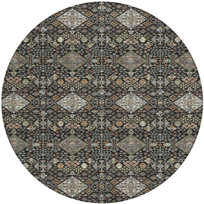 8' Black And Charcoal Round Geometric Washable Indoor Outdoor Area Rug HomeRoots