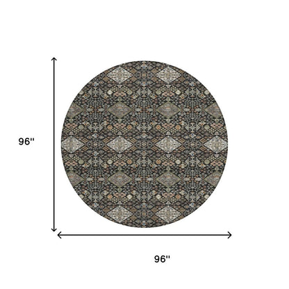 8' Black And Charcoal Round Geometric Washable Indoor Outdoor Area Rug HomeRoots