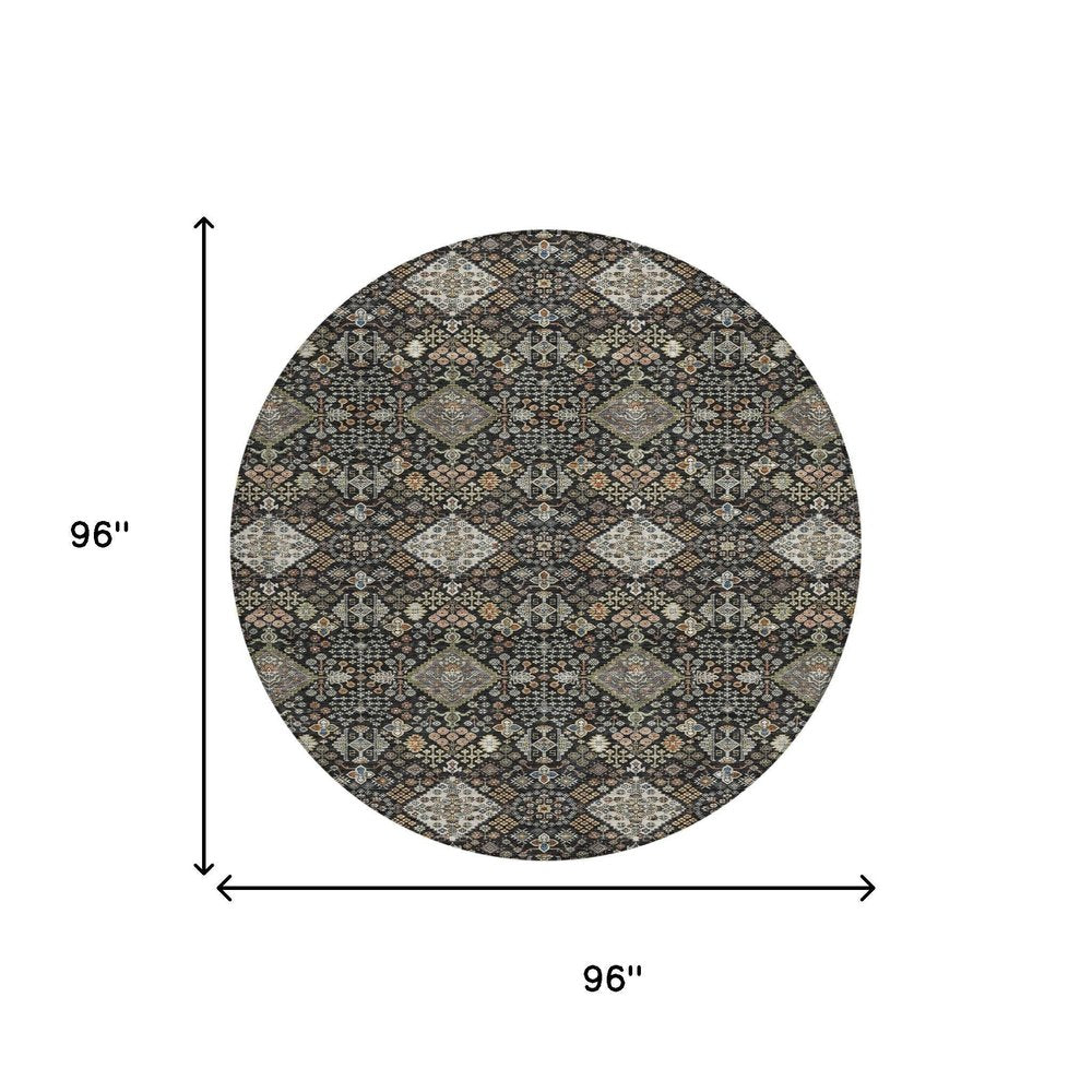 8' Black And Charcoal Round Geometric Washable Indoor Outdoor Area Rug HomeRoots