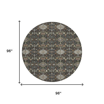 8' Black And Charcoal Round Geometric Washable Indoor Outdoor Area Rug HomeRoots