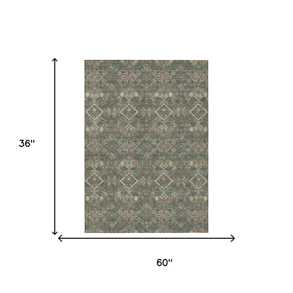 3' X 5' Green And Taupe Geometric Washable Indoor Outdoor Area Rug HomeRoots