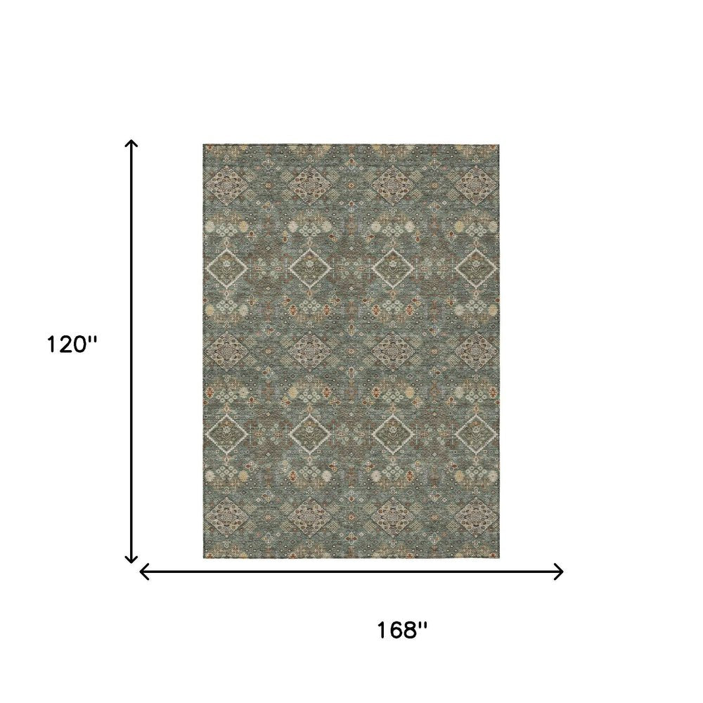 10' X 14' Green And Taupe Geometric Washable Indoor Outdoor Area Rug HomeRoots