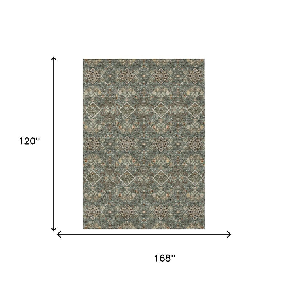 10' X 14' Green And Taupe Geometric Washable Indoor Outdoor Area Rug HomeRoots