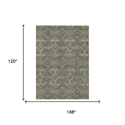 10' X 14' Green And Taupe Geometric Washable Indoor Outdoor Area Rug