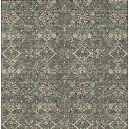 10' X 14' Green And Taupe Geometric Washable Indoor Outdoor Area Rug