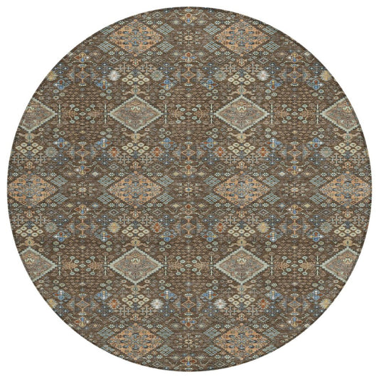 8' Chocolate And Brown Round Geometric Washable Indoor Outdoor Area Rug HomeRoots