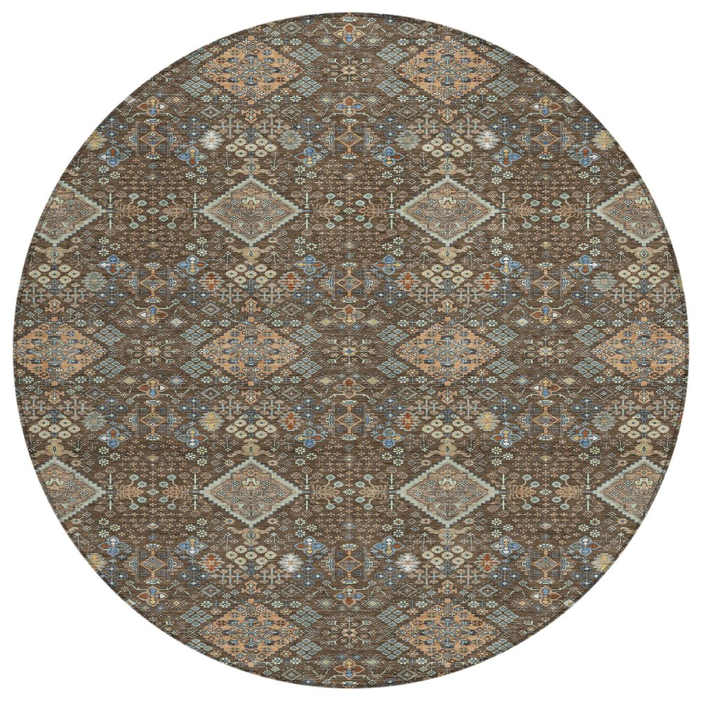 8' Chocolate And Brown Round Geometric Washable Indoor Outdoor Area Rug HomeRoots