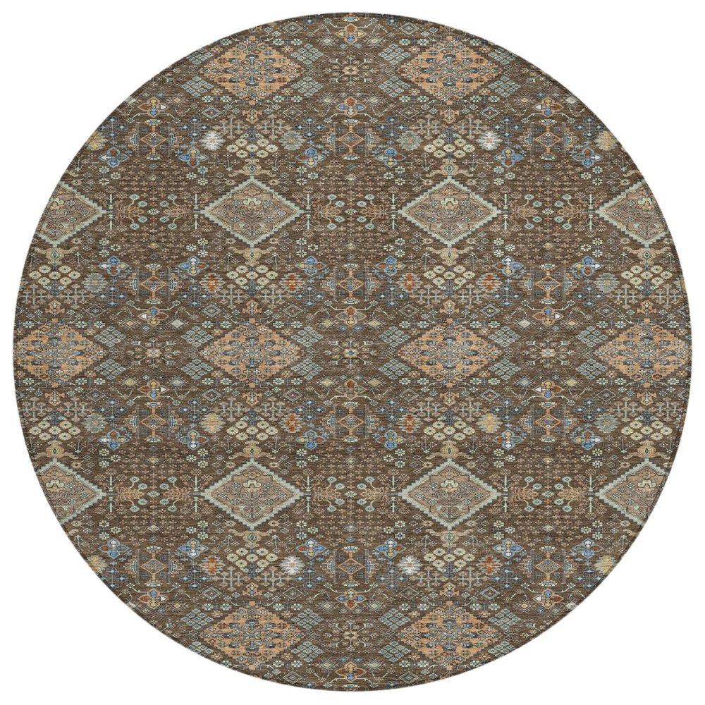 8' Chocolate And Brown Round Geometric Washable Indoor Outdoor Area Rug HomeRoots