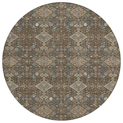 8' Chocolate And Brown Round Geometric Washable Indoor Outdoor Area Rug HomeRoots